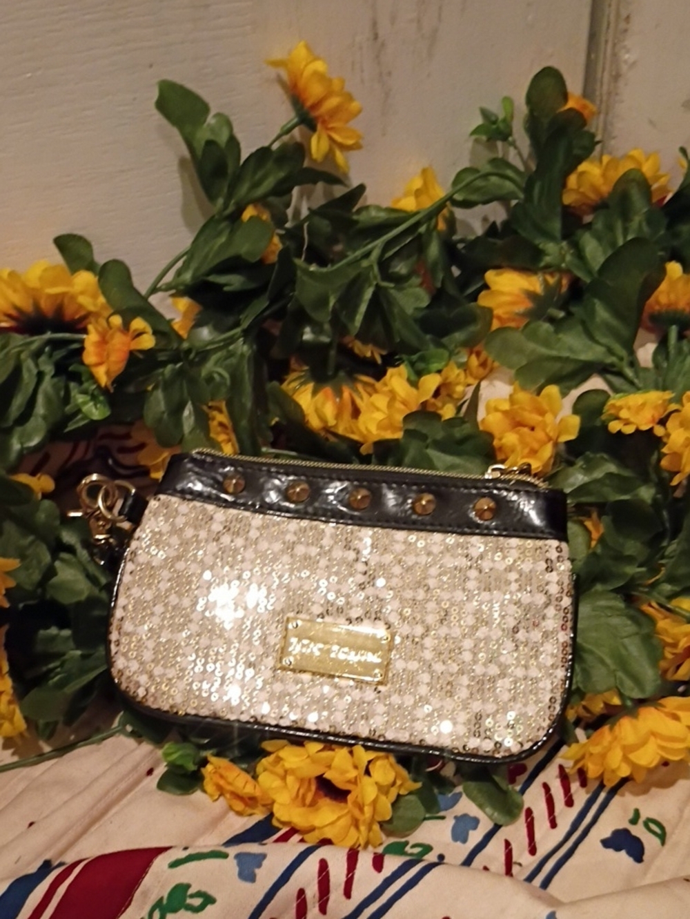 Sequin Embellished Wristlet Clutch - Gold and Black